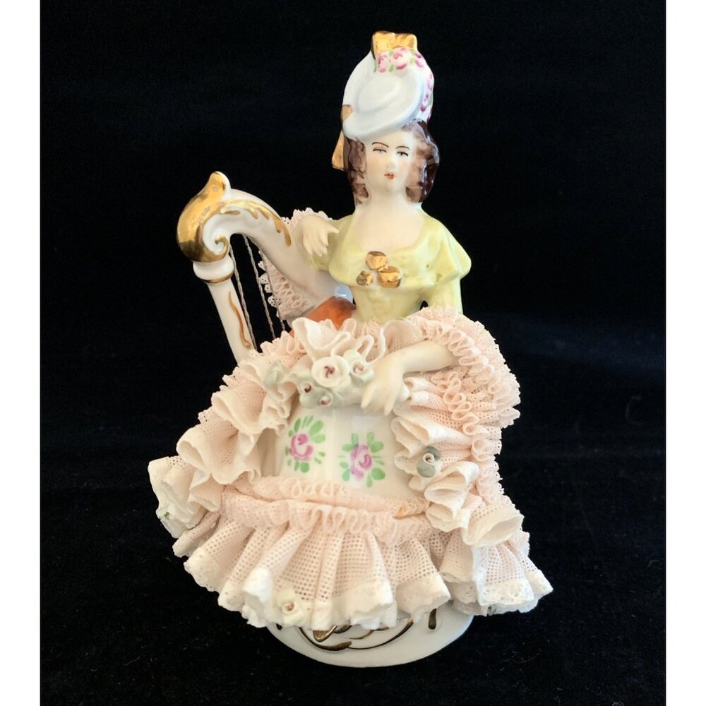 Unterweissbach Dresden Porcelain Lace Figurine Lady With Harp Germany Vintage